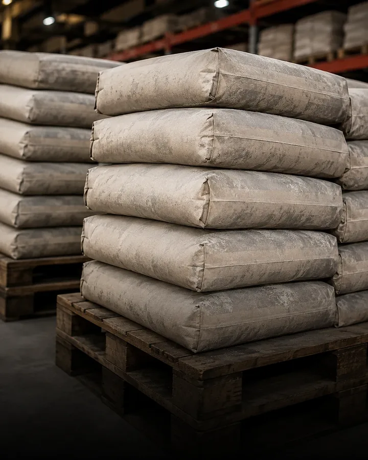 Cement bags in a materials warehouse