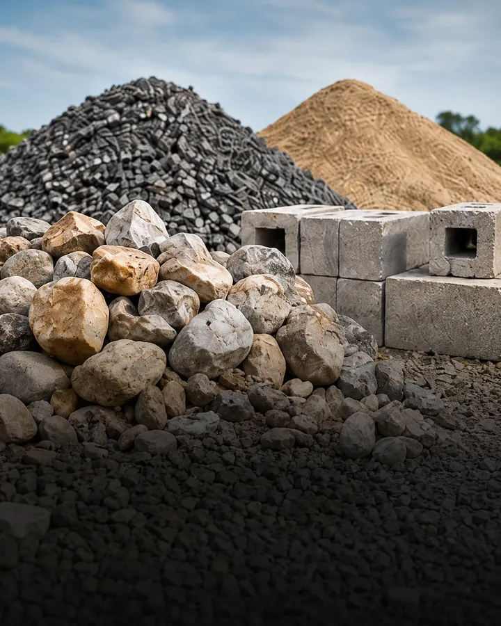 Building stones, aggregates, sand and concrete blocks
